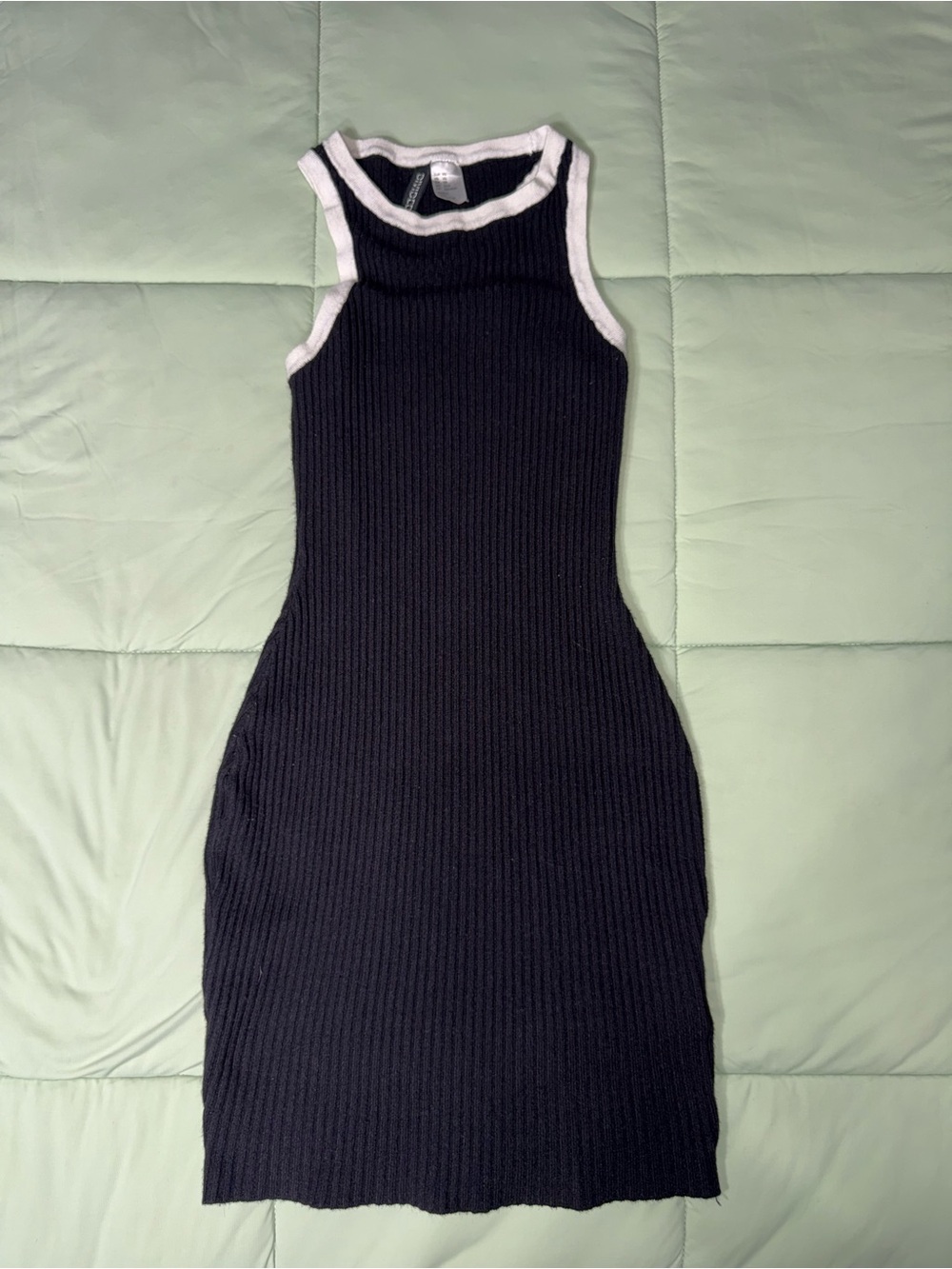 Divided Black Ribbed Sleeveless Dress with White Trim